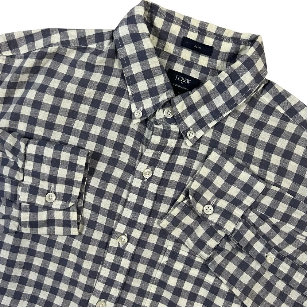 J‎ Crew Linen Cotton Blue Plaid Slim Long Sleeve Button Shirt Mens Medium